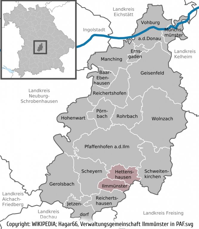 Geografische Lage aus WIKIPEDIA, Hagar66, Verwaltungsgemeinschaft Ilmmünster in PAF.svg