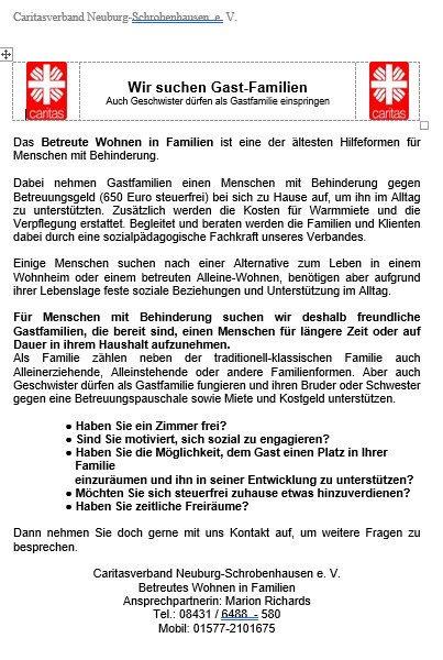 Caritas Gastfamilien gesucht